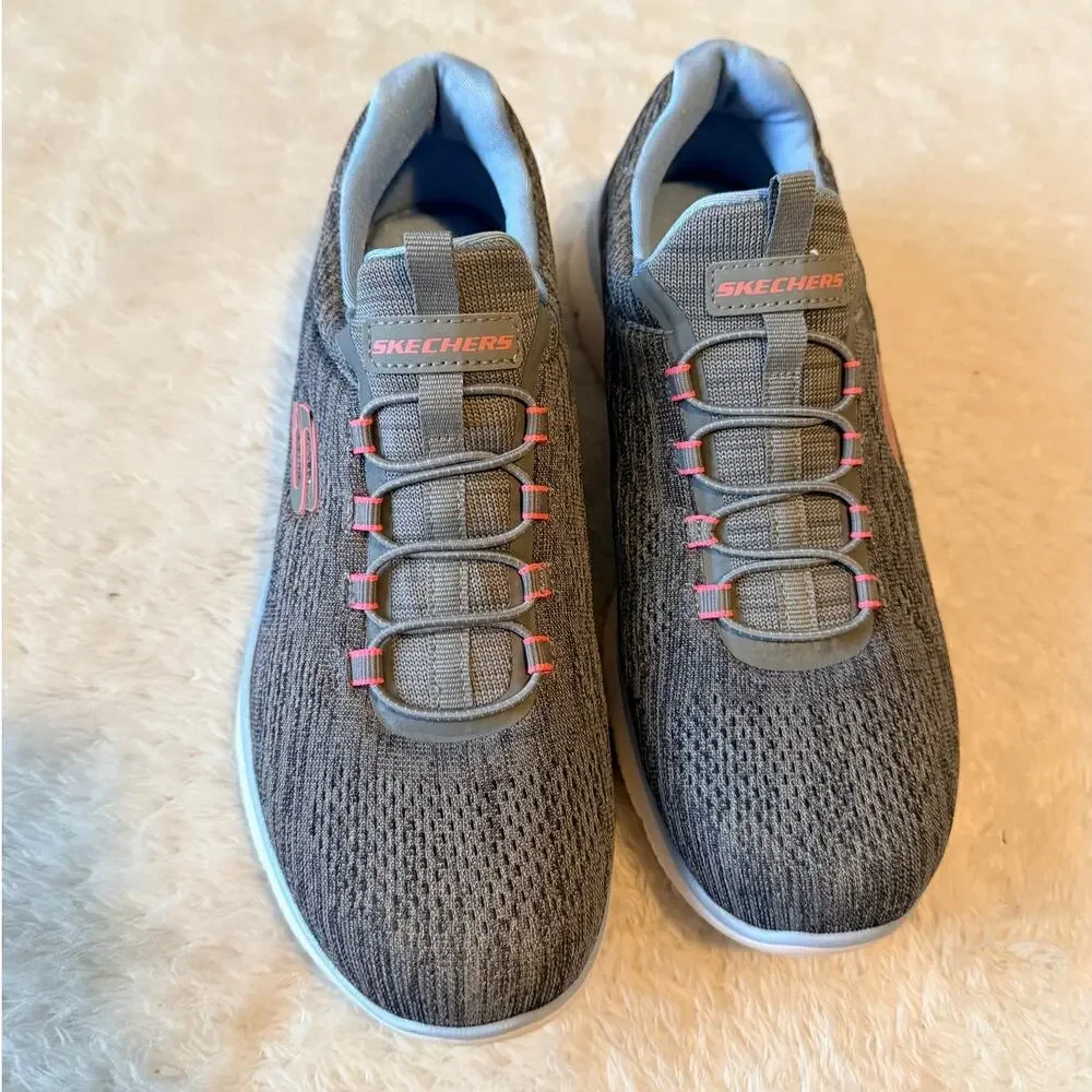 Skechers 8.5 Gray Pink Memory Foam Slip On Walking Sneakers
